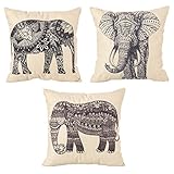 Digoon 3 Pack - 18 x 18 Inch Square Linen Animal Printed Cute Elephant Throw Pillow Case Decorative...
