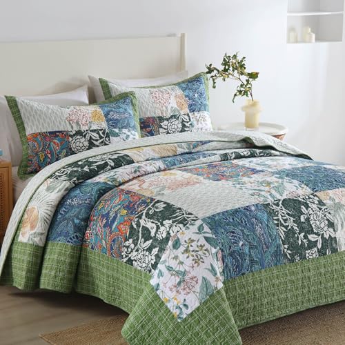 mixinni Sage Green Floral Quilt Set Queen Size,3 Pieces Cottage Patchwork Cotton Floral Bedspread Quilt Set, Reversible Lightweight Coverlet with 2 Matching Pillow Shams for All Seasons (90\"x98\")