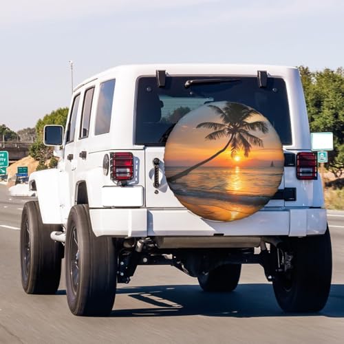Image of Tropical Beach at Beautiful Sunset Spare Tire Cover Dust-Proof Wheel Tire Cover Fit Trailer, RV, SUV and Many Vehicle 17 Inch