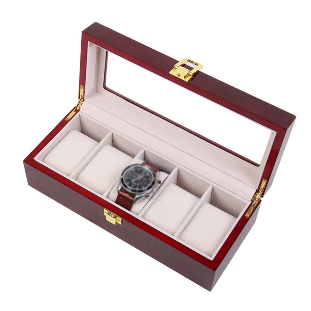 ANVLOJRIH Watch Box 5 Slots Wooden Jewelry Display Storage Case Boxes with Glass Top Showcase Organiser 5 Removal Storage Pillows and Lockable Metal Buckle