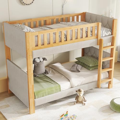 Soweiz Litera 90 x 200 cm, cuna, borde de esponja suave anticolisión, escalera recta de cuatro niveles, somieres estables, gris y natural, capacidad de carga: 150 kg