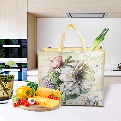 NymphFable-6-Pack-Grocery-Bags-Reusable-Butterfly-Dragonfly-Peony-Shopping-Bags-Washable-Foldable-Tote-Bag-50LBS