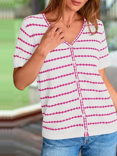 Image of NALANISA Women's Short Sleeve Sweater Spring Summer Crochet Knit Tops 2026 V Neck Striped Button Down Dressy Casual Blouses