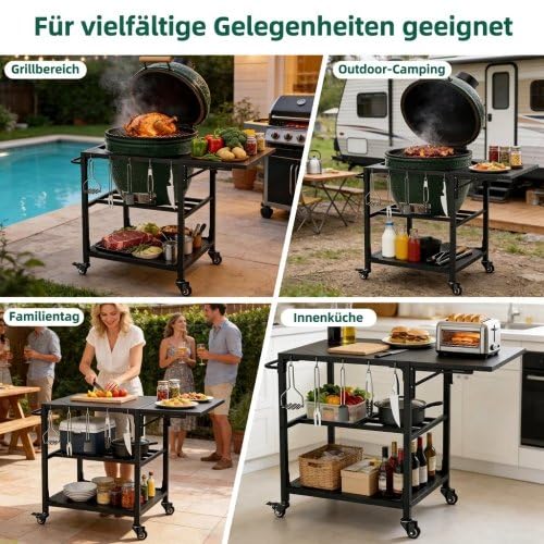 Carrello per barbecue da esterno per XL Big Green Egg, resistente alle intemperie e pieghevole, robusto carrello in metallo con ruote, ripiano e ganci per attrezzi, tavolo mobile per barbecue per