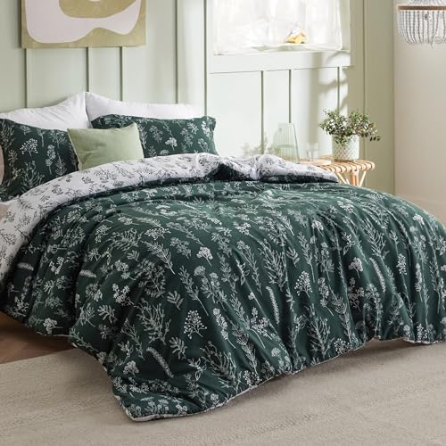Image of Bedsure Duvet Cover Queen Size - Reversible Emerald Green Queen Duvet Cover Set with Zipper Closure, 3 Pieces Floral Patterned Bedding Set with 8 Corner Ties and 2 Pillow Shams
