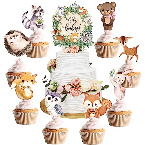 49 Pcs Woodland Cupcake Toppers Baby Shower Decorations Floral Leaf Boho Woodland Animal Creatures Cake Toppers for Woodland Party Supplies Decor(Leaf Style)