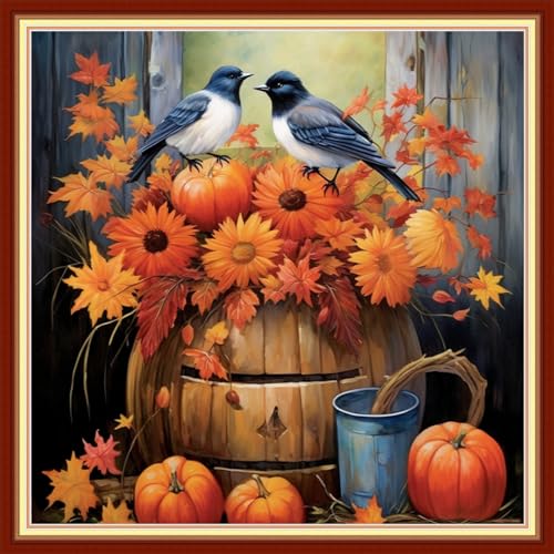 Image of Disxvivy Cross Stitch Stamped Full Embroidery Kits DIY 11CT Cotton Thread Printed DIY Needlepoint Kits Craft Needlework Set Cross-Stitch Stamped Sets-Flower Birds 18x18 inch