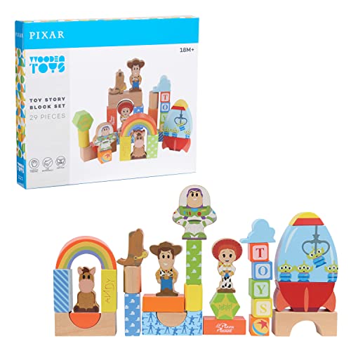 Image of Just Play Disney Wooden Toys Toy Story Block Set, 29-Piece Set Includes 4 Block Figures, Officially Licensed Kids Toys for Ages 18 Month