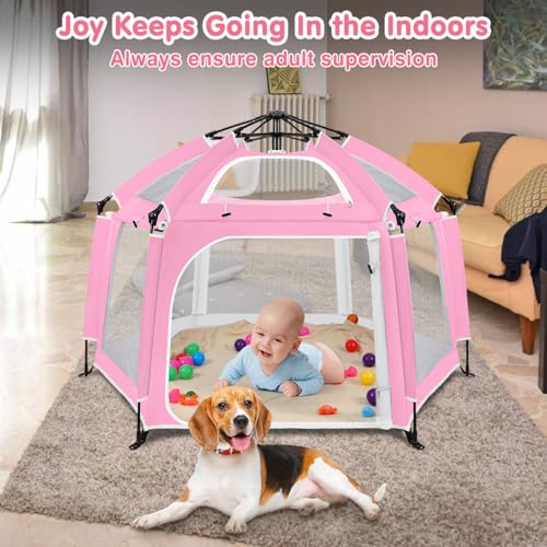 Image of Pop Up Playpen for Baby, Portable Playpen for Babies and Toddlers with Removable Sun-Shades& 2 Side UV Covers, Lightweight Outdoor Baby Play-Pen for Beach Home with Travel Bag, Pink & Gray