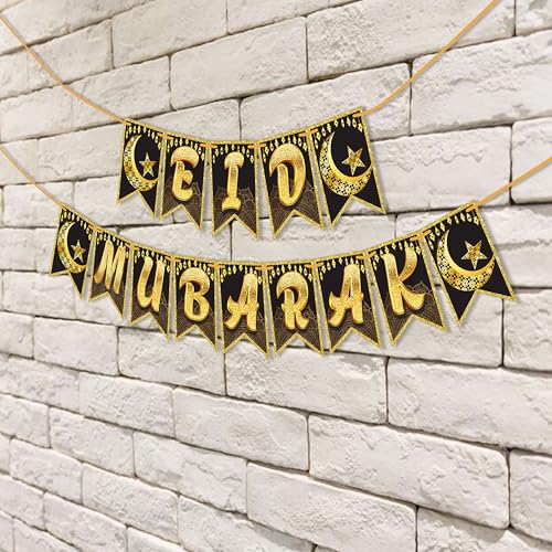 Image of WOBBOX Eid Mubarak Beautiful Golden Color Moon Bunting Banner, Ramadan Decoration Items, Eid Mubarak Decorations