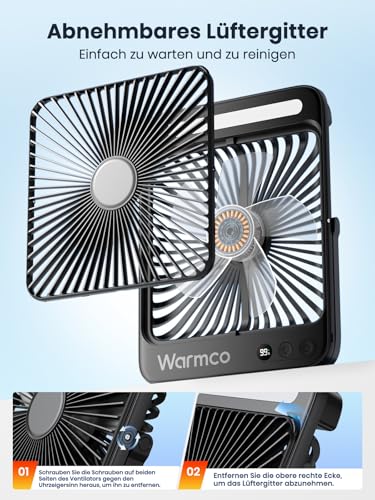Warmco 20000mAh Akku Camping Ventilator 27cm mit Lampe, 15-48 Std. Laufzeit, Ultra-Leise, Ultraflach, Display, Haken, USB Tischventilator für Zelt, Outdoor, Reisen, Büro, Wohnmobil, Schlafzimmer