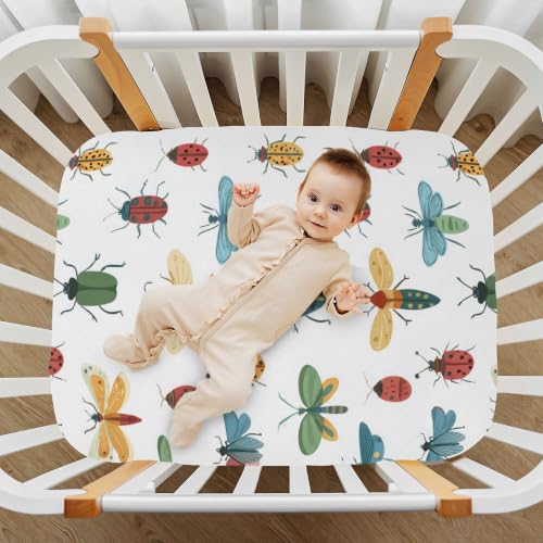 Image of Cute Ladybug Bugs Crib Sheets Soft Breathable Fitted Baby Crib Sheets Mattress Cover for Girls Boys 52 inch x 28 inch x 9 inch