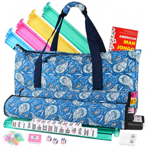 Goldge American Mahjong Tile Set – 166 White Tiles | 4 All-in-One Color Racks with Pushers, 3 Dice, Portable Blue Carrying Bag – Complete Mahjong Game Set – Blue