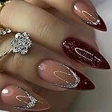 BAOYAALIN Press on Nails Medium Almond Shaped French Burgundy Fake Nails with Glitter Design Full Cover Press ons Artificial Acrylic False Stick on Nail for Women Manicure 24Pcs