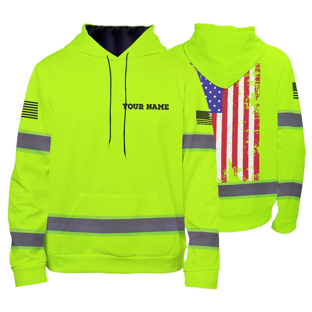 Maddly High Visibility Hoodie, Custom America Flag Reflective Hi Vis Safety Hoodie for Men, Women, Outdoor Worker, Trucker