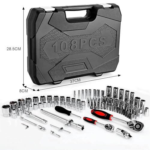 TLGREEN 108-Pieces 1/4" and 1/2" Drive Sockets Set, 72 Teeth Reversible with Quick Release, CR-V Deep Sockets Kit with Extension Bar, Coupler, Ratchet and Wrench, Mechanic Tools for DIY, Car Repair - Image 2