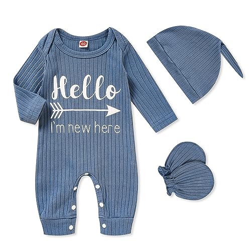 Image of GRNSHTS Newborn Baby Boy Romper Coming Home Outfits Letter Print Bodysuit Jumpsuit+Hat+Gloves 3PCS Clothes Set