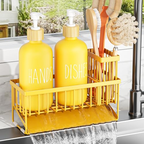 Image of Cisily Yellow Dish Soap Dispenser Set, 16 fl Oz Dual Kitchen Soap Dispensers with Sponge Holder, Customized Stainless Steel Kitchen Soap Dispenser Set, Lemon Kitchen Decor and Accessories