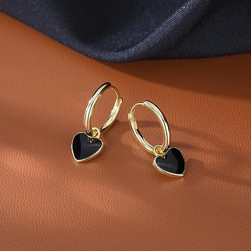 SLUYNZ 925 Sterling Silver Black Heart Hoop Earrings for Women Teens 1.4CM Heart Hoop Dangle Earrings4
