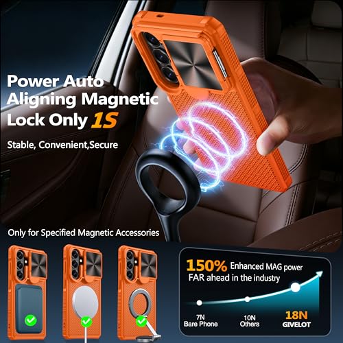 Image of Magnetic for Samsung Galaxy S26 Case,[Slide Camera Cover][Kickstand][Compatible with Magsafe][Kickstand][Military Grade Protection] Shockproof Rugged Case for Galaxy S26, Orange