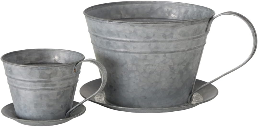 WHW Whole House Worlds Rustic Tea Cup Planters, Set of 2, Shabby Grey, Zinc, Attached Handles and Saucers, 8.75 Diameter, Overall 11 Inches Wide Including Handles