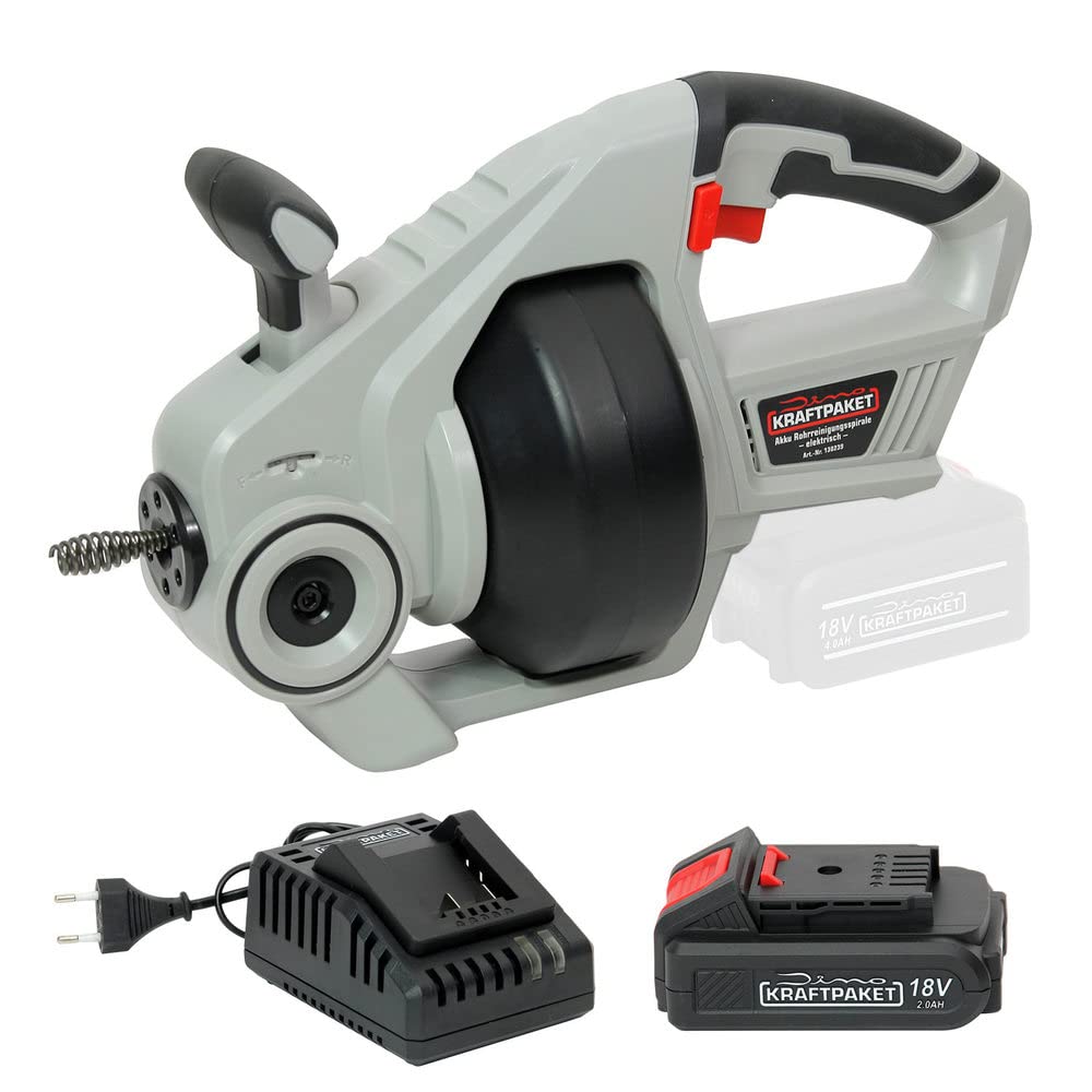Dino KRAFTPAKET 18V-450W Akku Rohrreiniger elektrisch mit Rohrreinigungsspirale im Set mit 2Ah Akku und 2.5A Ladegerät Rohrreinigungsgerät geeignet für Rohrdurchmesser 19-76m