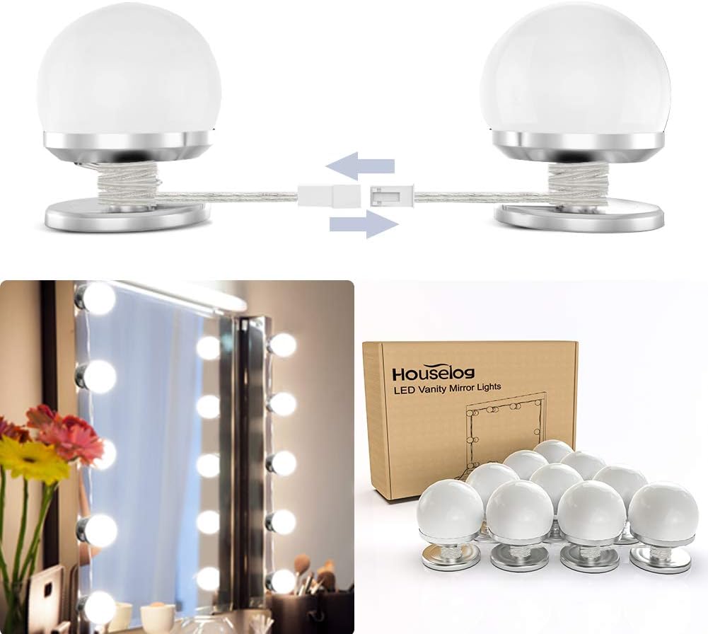 Hollywood Mirror Light Kit with Dimmable Light Bulbs for Makeup Dressing Table DIY LED Vanity Lighting Strip with Quality Adhesive,10 Lights,Aluminum Alloy Base(Mirror Not Included) (Type2)