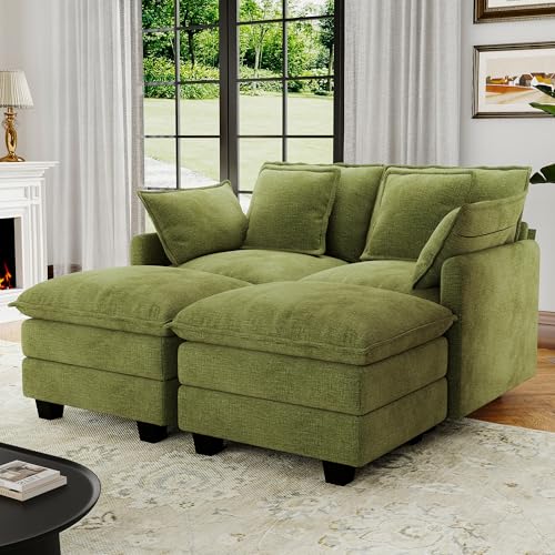 Image of 58 inch Cloud Couch Sectional Modular Sofa, Deep Seat Couches with Ottoman and Removable Washable Pillows for Living Room, Bedroom, Apartment, Green