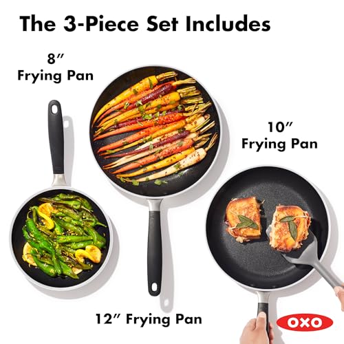 Image of OXO 3-Piece Nonstick Frying Pan Set (8 inch, 10 inch, 12 inch), PFAS-Free Ceramic Skillets, Dishwasher & Oven Safe, Stay-Cool Silicone Handle