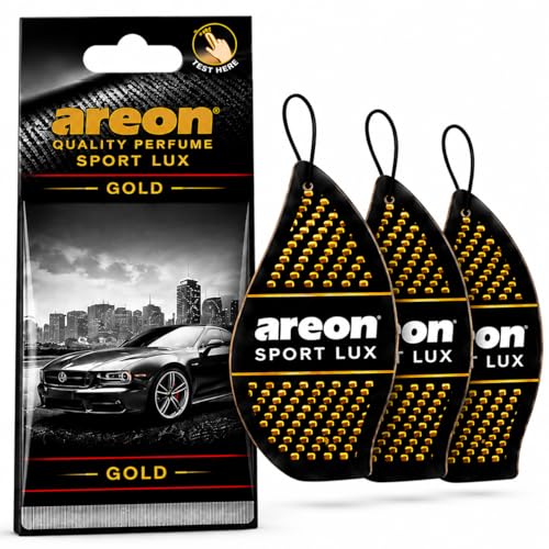 Image of AREON Sport Lux GOLD - Hanging Cardboard Air Freshener for Car, Home & Office - Premium Cologne Perfume with Natural Fragrances - Long Lasting, Fresh, Luxurious Scent - Stylish Design, Pack of 3