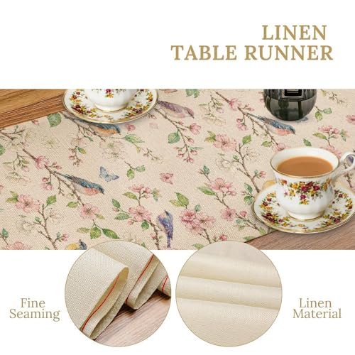 Image of Vintage Botanical Birds Table Runner, Watercolor Floral Bird Butterfly Linen, Spring Garden Dining Decor for French Country Kitchen 13x36 Inch