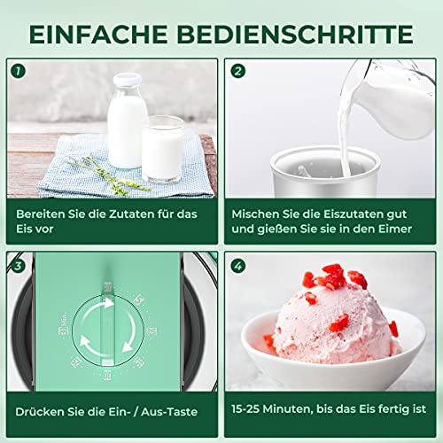 FOOING Eismaschine Speiseeisbereiter 1,5L mit Drehknopf (5 bis 30 Minuten), Edelstahl-Heim-Speiseeismaschine, Geeignet… – Bild 6
