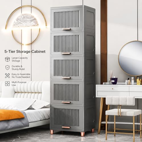 Image of YASONIC 5 π§πΆπ²πΏ Foldable Plastic Rack for Storage /Kitchen Cupboard /Versatile and Sturdy Wardrobe for Clothes /Multipurpose Storage Organizer /Closet for Bedroom /Living Room /Laundry Room (Grey)