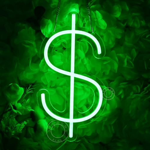 Image of SYLHOME Dollar $ LED Neon Light Sign Money Home Bedroom Game Room Business Pub Store Bar Shop Office Wall Decor Sign Birthday Decor 5V USB Green 11.81 inch X 6.3 inch