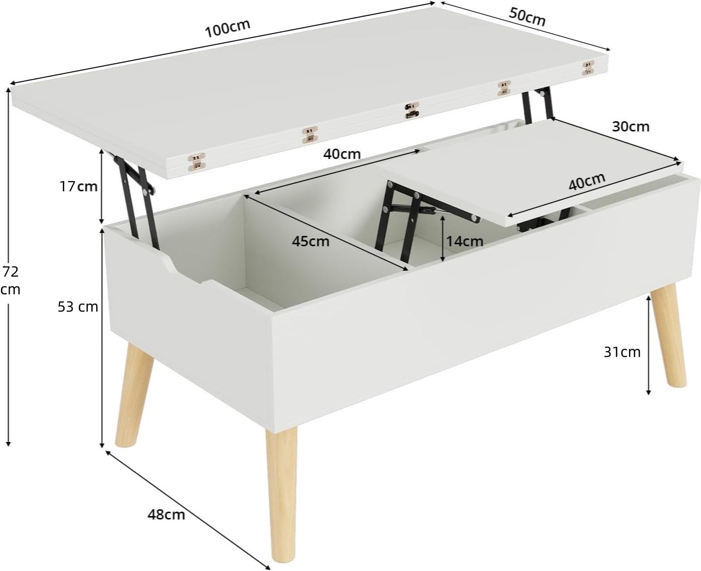 VOWNER Mesa Centro Elevable, 3 en 1 Mesa de Salón Multifuncional, Extensible, Convertible de Comedor de Salón, 100L x 100W x 72H cm, Blanca