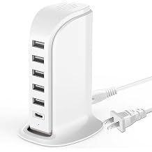 USB Charging Station for Multiple Devices, 40W Multiport Charger Tower, Type C Port Supports PD Quick Charge Compatible with iPhone, Smartphones, Tablets and Other Devices White