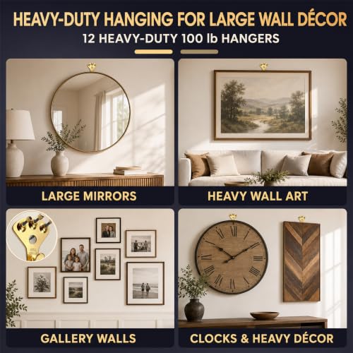 Image of 12 Heavy Duty Picture Hangers, 100 lb Each, with 36 Nails for Drywall
