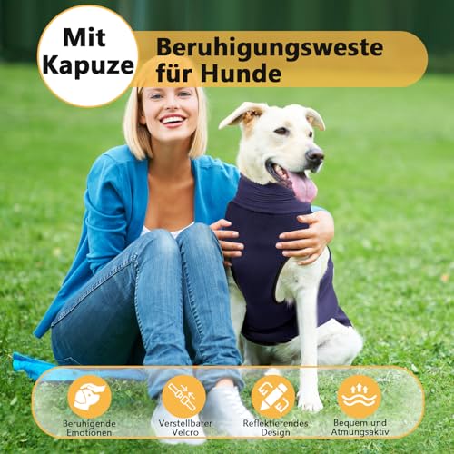Beruhigungsweste für Hunde mit Kapuze & Reflektorstreifen – Weich & Verstellbar Atmungsaktiver Hundemantel zur Stressreduktion bei Feuerwerk, Gewitter & Reisen (Dunkelblau, XL)