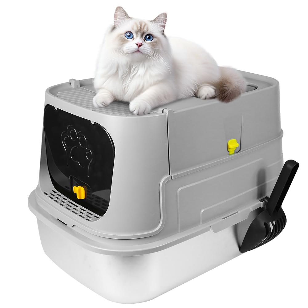 Belfoyer Stainless Steel Cat Litter Tray, Large Enclosed Box with Lid & Drawer, Anti-Splash & Odor Control, Easy Clean Metal Pan for Kittens & Adult Cats, Durable & Rust-Proof, Grey, 48.5x36x39.5cm
