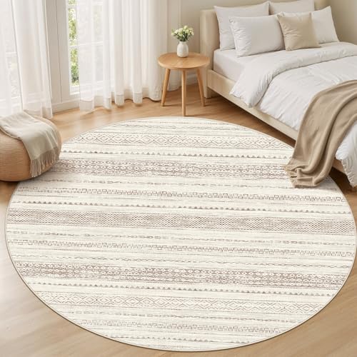 Nakagishi Round Rug Boho Area Rugs: 6x6 Washable Large Circle Neutral Soft Stain Resistant Non-Slip Carpet for Women Aged 25-45 Farmhouse Decor Enthusiasts - Living Room Bedroom Dining Room Nursery