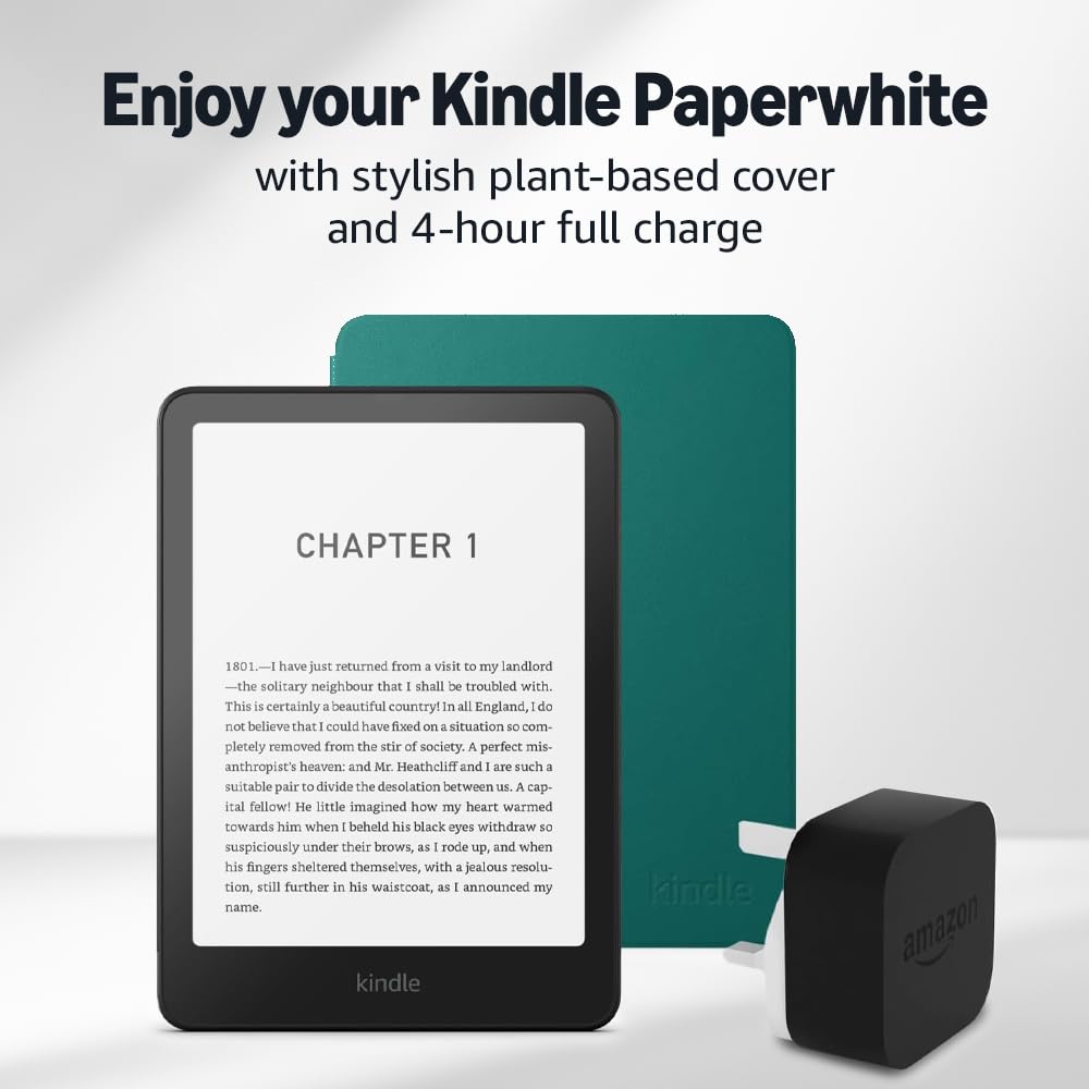 Kindle Paperwhite (2024 Release) 16 GB without ads, an Amazon Plant based Cover and an Amazon Powerfast 9W Power Adapter