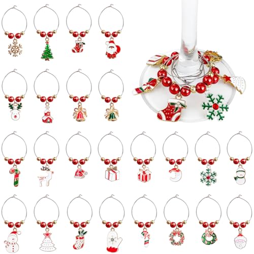 FUGUIR 24 Pcs Christmas Wine Charms for Stem Glasses Wine Glass Markers Tags Drink Identifier Charms for Tasting Party Favors Holiday Christmas Family Gathering