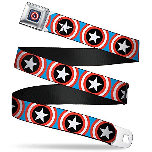 Buckle-Down mens Marvel Comics Captain America Shield Full Color Navy Seatbelt - Captain America Shield Repeat Belt, Multicolor, 1.5 Wide 24-38 Inches in Length US