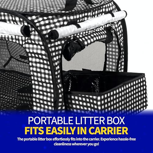 Image of Pet Fit For Life Extra Large Cat Carrier for Travel - Foldable & Portable Collapsible Kennel with Litter Box, Feather Toy & Water /Food Bowl - Ideal for Cars, Long Trips & Indoor Cats - Black Checkers