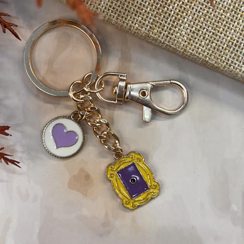 Image of Friends Door Frame with Purple Heart Keychain for Men & Women, Handcrafted, Aesthetic Keychain for Gifting, Durable Anti-Tarnish Metal Key Ring for Car, Bike, House, Travel, Bags