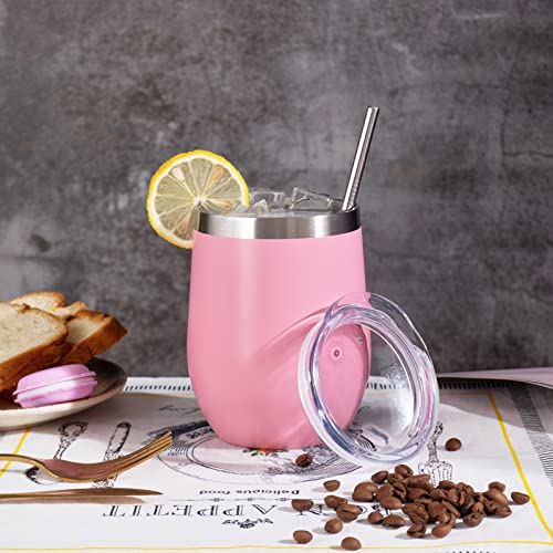Image of 12 oz Insulated Wine Tumbler with Lid and Straw,Stainless Steel Stemless Wine Tumbler Glasses Double Wall Vacuum Wine Cups Tumbler Bulk for Coffee,Champaign,Beer,Cocktail,Office (Pink,4)