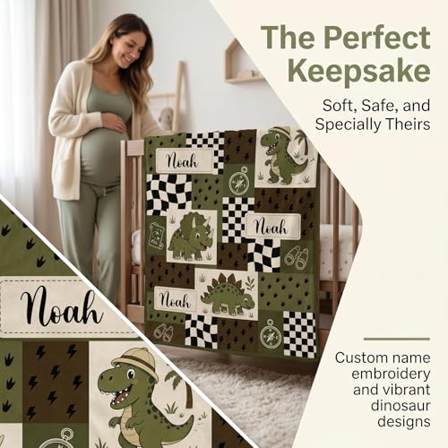 Image of Personalized Baby Boy Blanket with Name, Custom Dinosaur Flannel Fleece Throw Blankets for Newborns & Toddlers, Safari T-Rex Nursery Decor, Unique for Boys