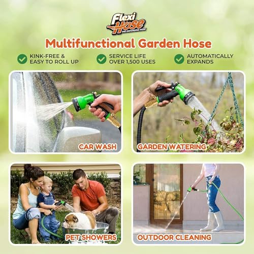 Flexi Hose with 8 Function Nozzle, 25FT - Lightweight Expandable Garden Hose, No-Kink Flexibility, 3/4 Inch Solid Brass Fittings and Double Latex Core