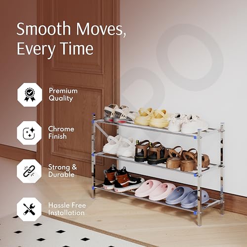 Image of LAPO Stainless Steel Shoe Rack | 3 Step Multipurpose Storage Stand for Shoes, Clothes & Home Organization | Durable, Rust-Proof, Foldable Shoe Organizer (Z125, Chrome Finish)