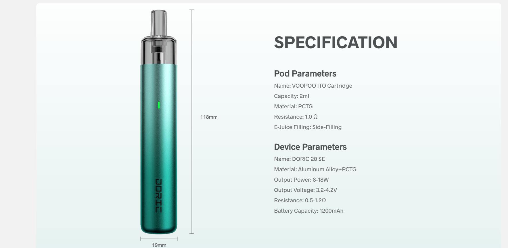 Doric 20 SE Kit| Original VOO-POO Doric 20 SE Kit Built in 1200mAh Battery  8-18W Vape with 2ml ITO Cartridge 1.0ohm Electronic Cigarette Vaporizer No  Nicotine : Amazon.fr: High-Tech